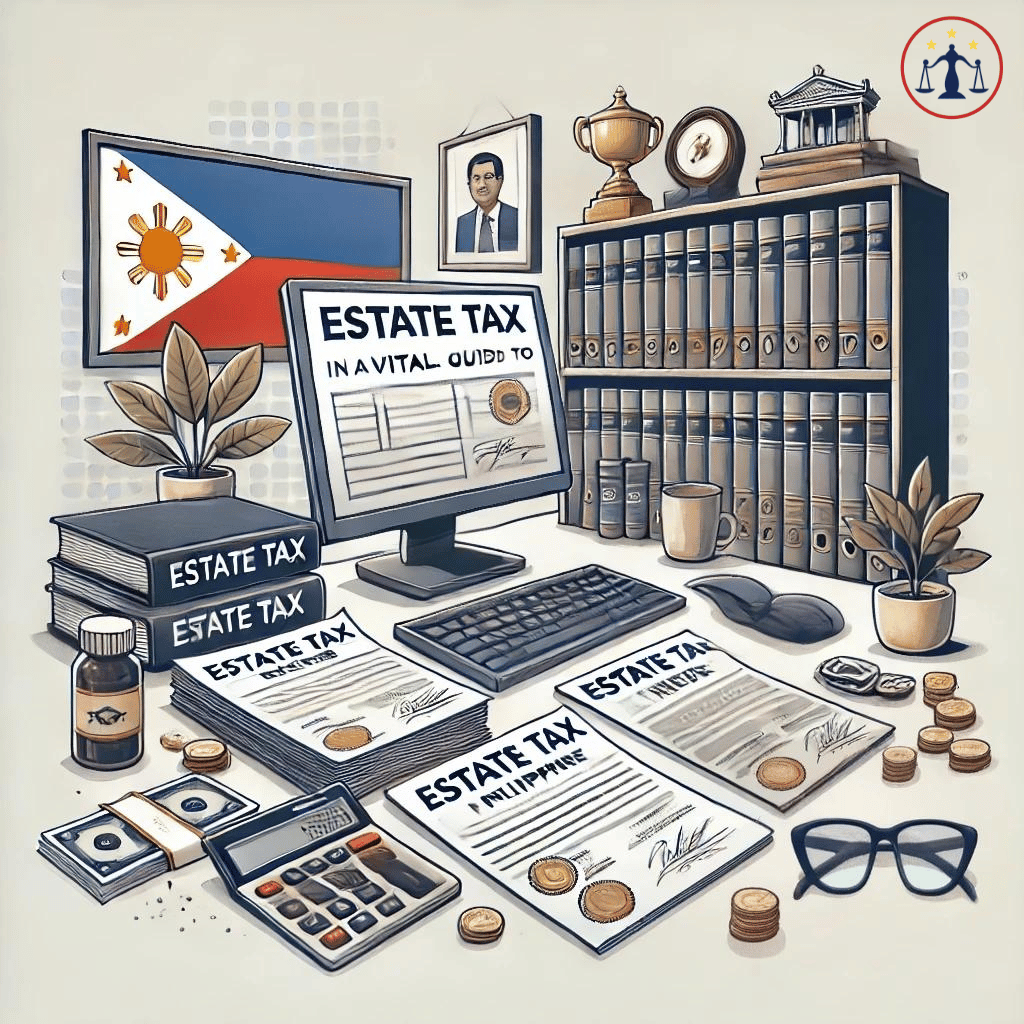 Illustration of estate tax process in the Philippines, showing financial documents and cultural elements relevant to Filipino families.