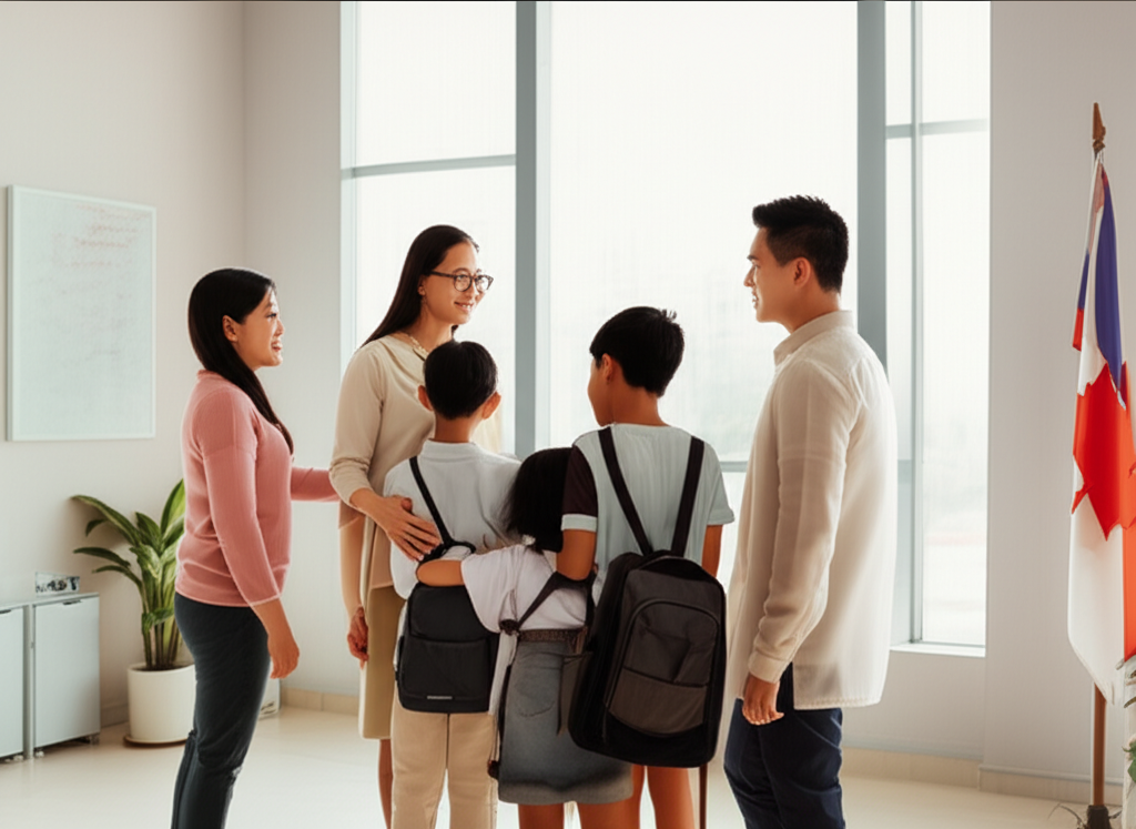 Professional Filipino family at Canadian immigration office consultation