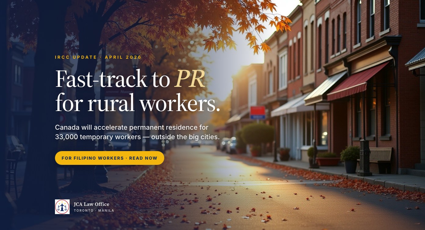 Editorial photograph of a small Canadian town main street at golden hour with autumn maple leaves, overlaid with the headline 'Fast-track to PR for rural workers' announcing Canada's 2026 TR-to-PR pathway for 33,000 temporary workers.