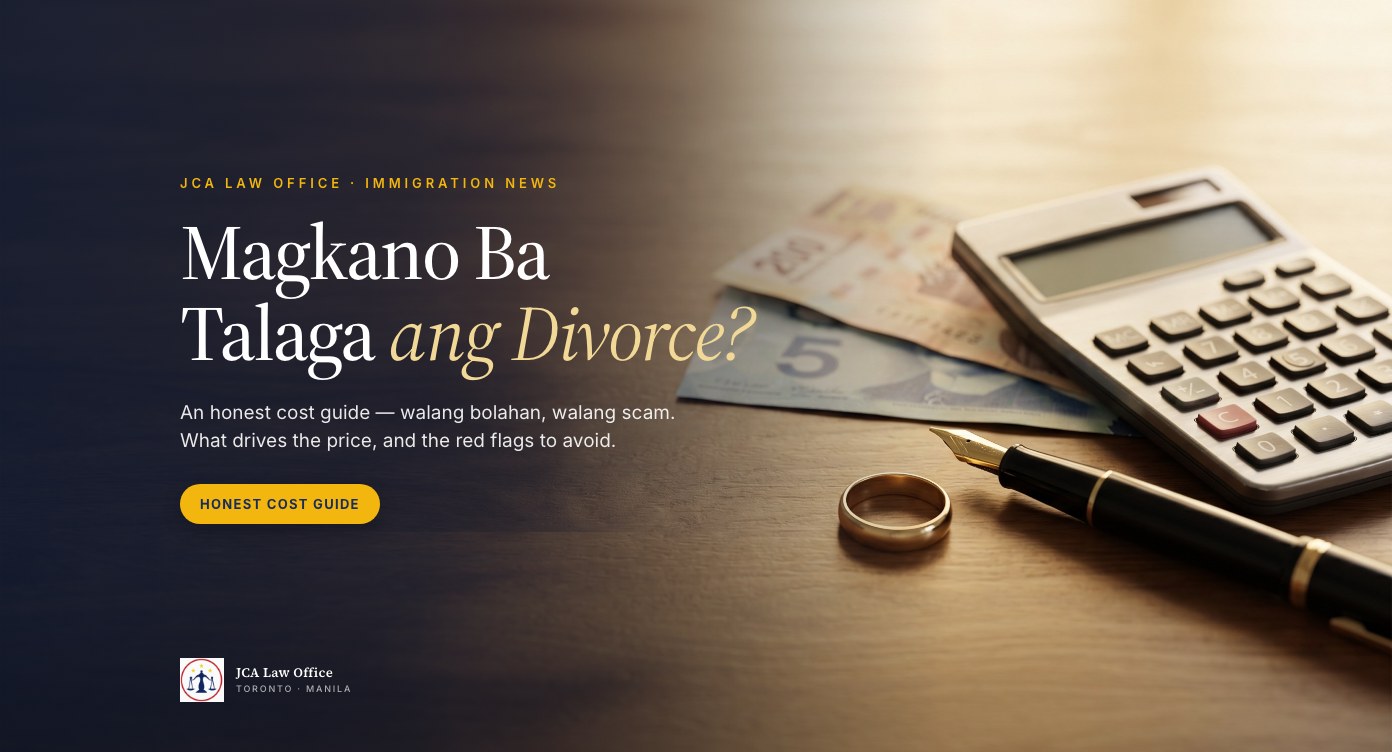 Calculator, fountain pen, wedding ring, and peso and Canadian bills — an honest divorce cost guide for Filipinos